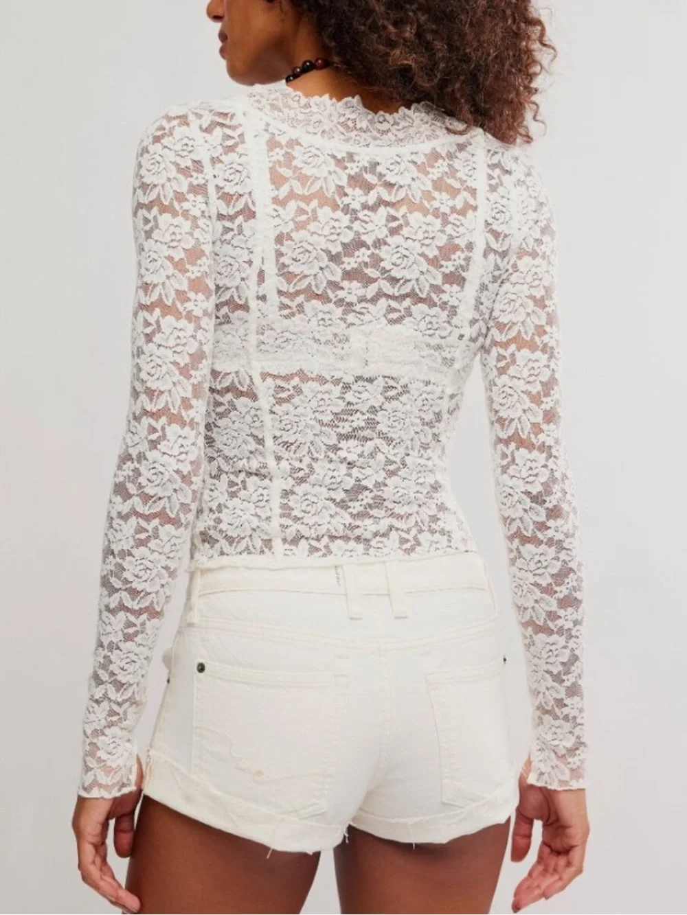 Free People All Night Lace Long-Sleeve Scoop Neck Top in Petal